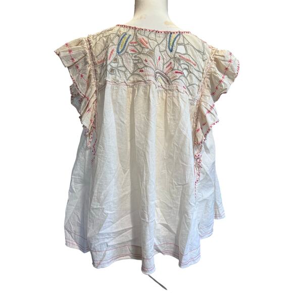 EMBROIDERED SHORT SLEEVE FLOWY LOOSE HIPPIE BOHO FLOWY FLOUNCY CAP SLEEVE SHIRT - Picture 2 of 6